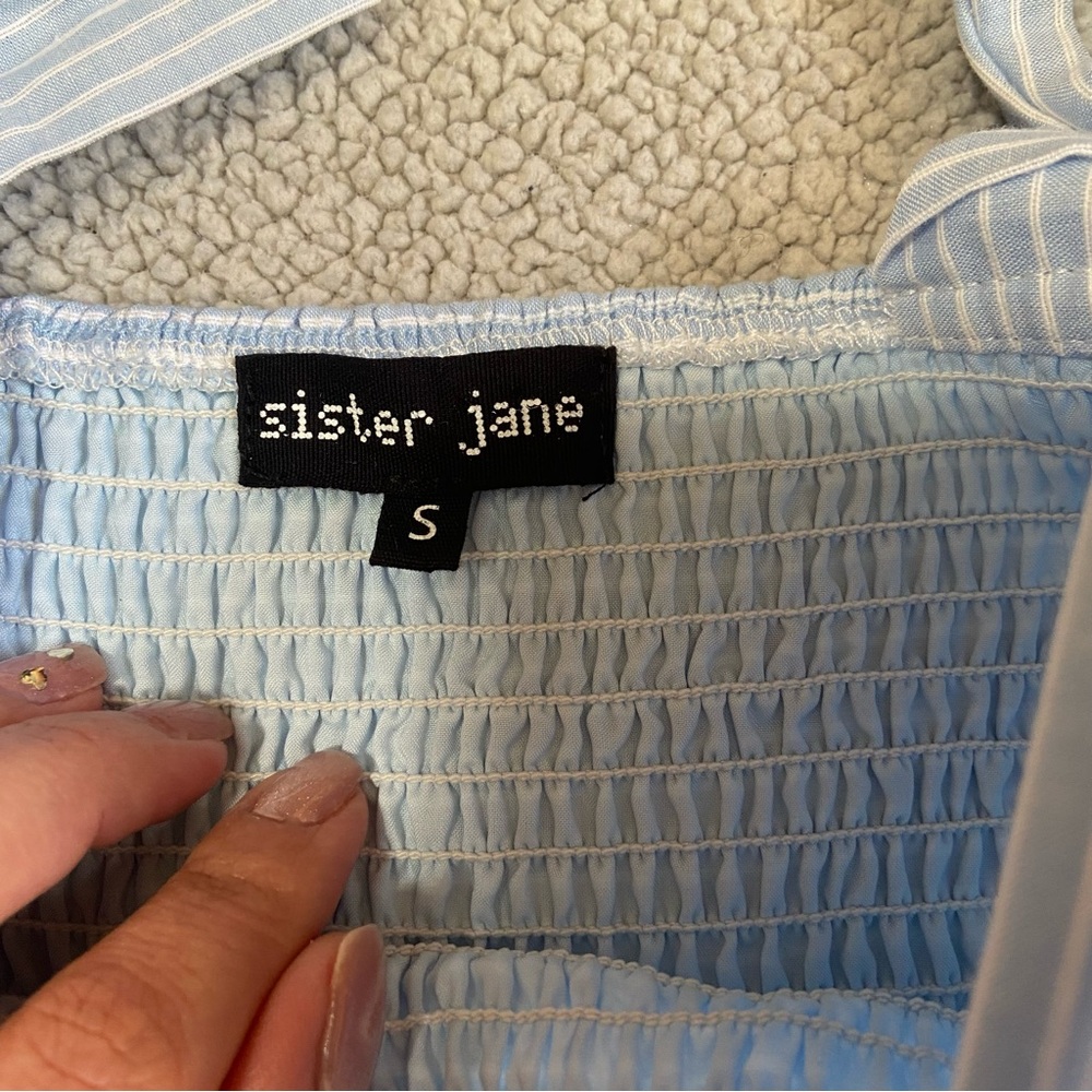 NWOT Sister Jane Kansas Blue Striped Tiered Smocked Tie-Strap Bow Midi Dress - Picture 9 of 10